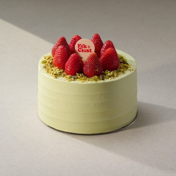 Pistachio Strawberry Cake with chocolate sponge and fresh strawberries