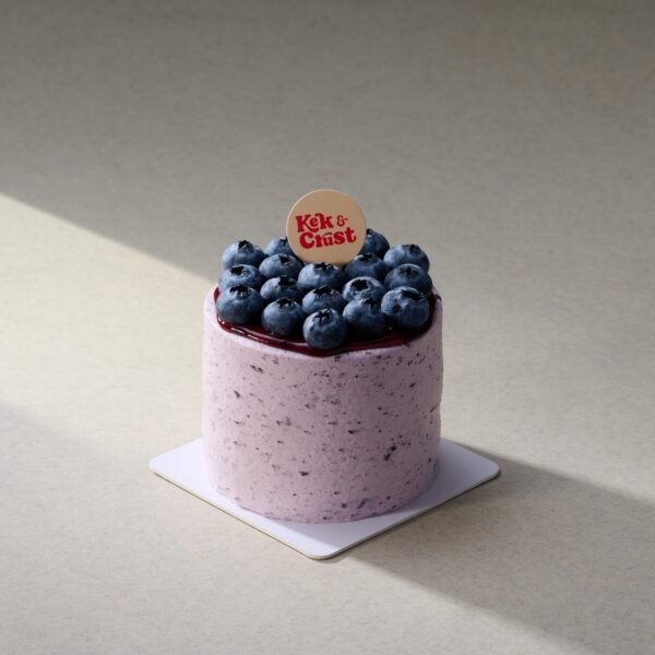 Blueberry Cheese Petite Cake with blueberry frosting and fresh blueberries on top