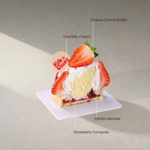Strawberry Brûlée Tart with sponge, strawberry compote, cheese brûlée and chantilly cream