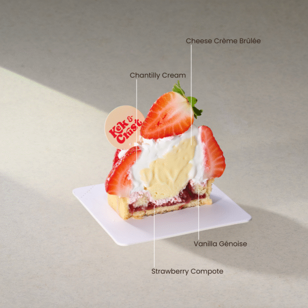 Strawberry Brûlée Tart with sponge, strawberry compote, cheese brûlée and chantilly cream