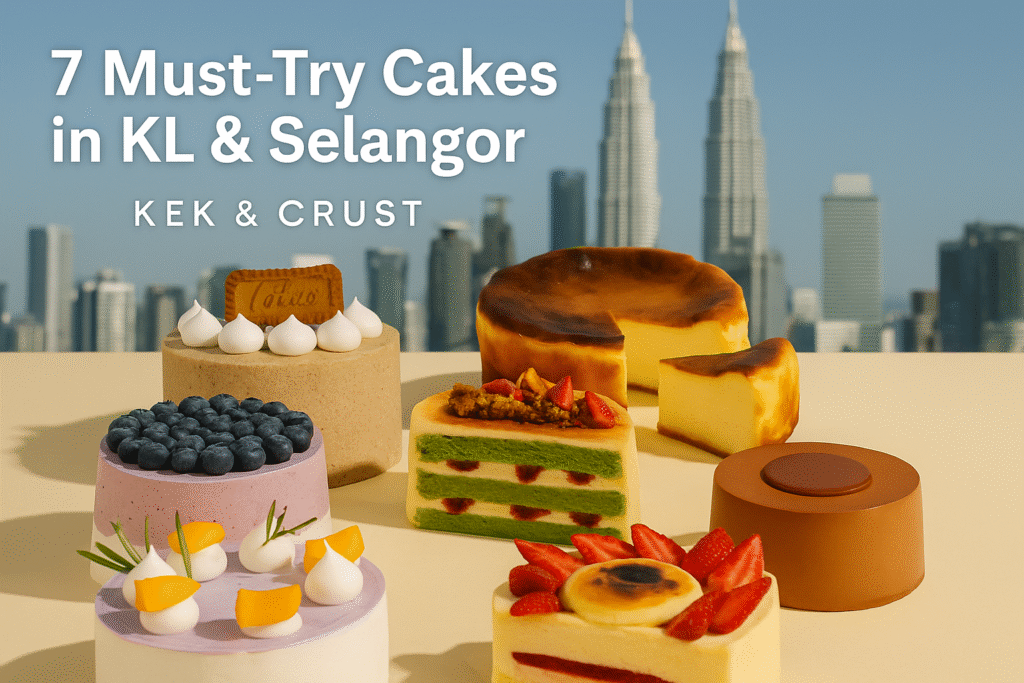 Promotional banner showing seven must-try cakes available for delivery in KL and Selangor by Kek & Crust