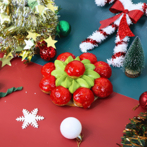 Pistachio Saint Honoré Christmas dessert with caramel choux puffs and pistachio cream by Kek & Crust