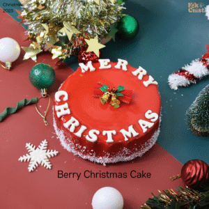 Berry Christmas Cake with red glaze, berries chocolate mousse and layered chocolate base by Kek & Crust