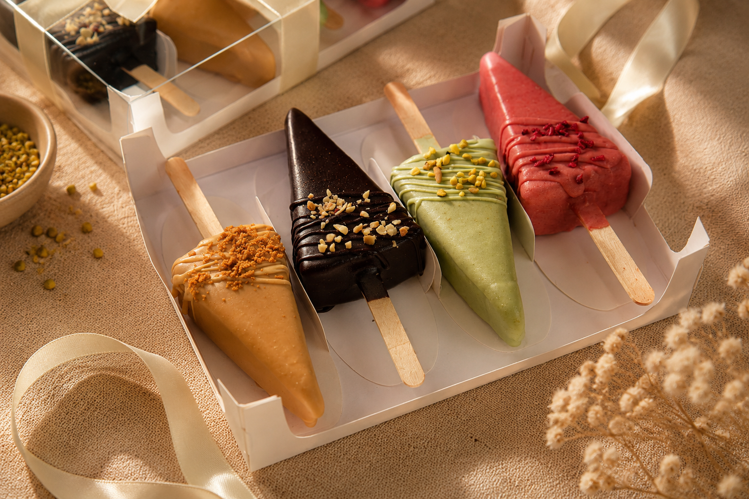 4-Piece Cheesecake Cakesicles Gift Box by Kek & Crust with handcrafted premium cheesecake desserts.