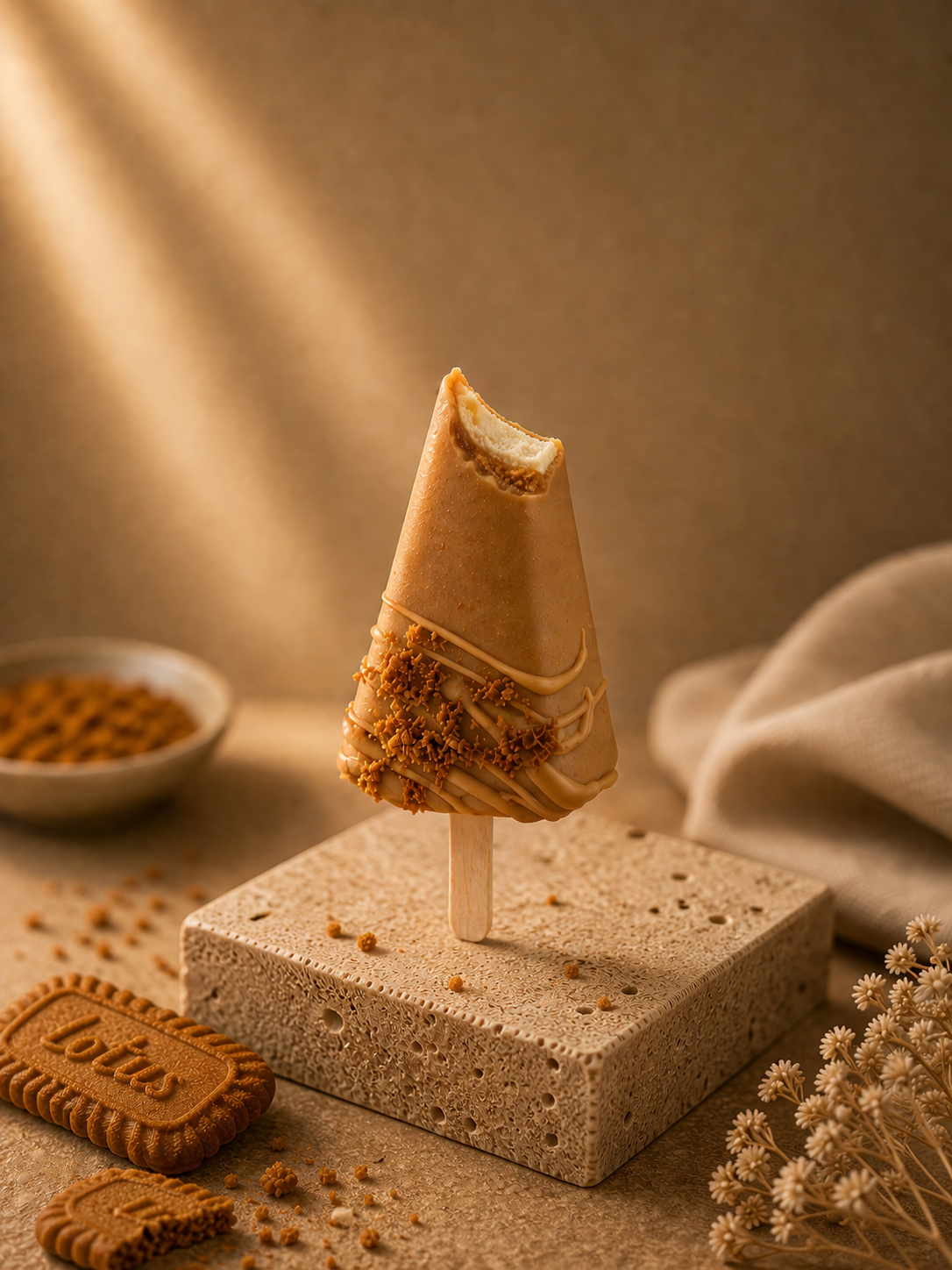 Biscoff Earl Grey Cheesecake Cakesicle coated in caramel white chocolate with Lotus biscuit crumbs.