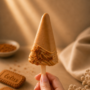 Biscoff Earl Grey Cheesecake Cakesicle coated in caramel white chocolate with Lotus biscuit crumbs.