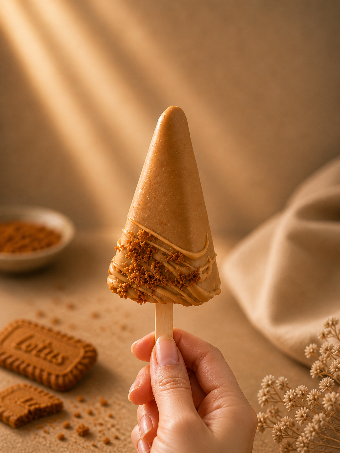 Biscoff Earl Grey Cheesecake Cakesicle coated in caramel white chocolate with Lotus biscuit crumbs.