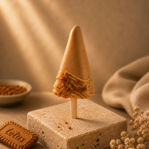 Biscoff Earl Grey Cheesecake Cakesicle coated in caramel white chocolate with Lotus biscuit crumbs.