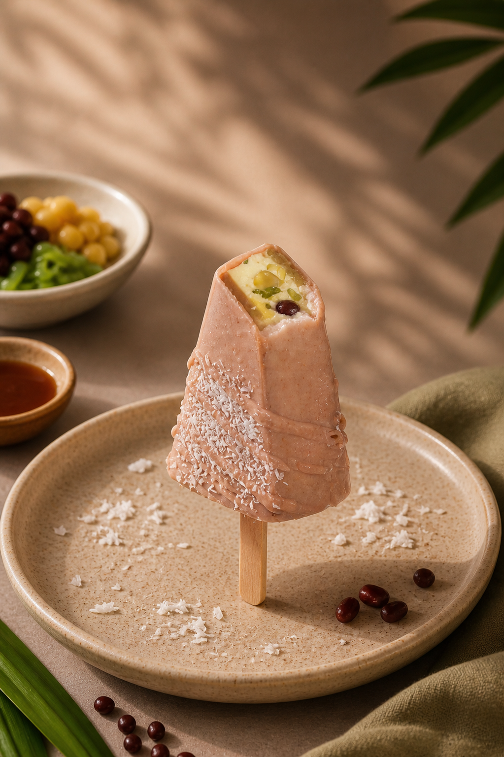 Handcrafted Cendol Cheesecake Cakesicle inspired by Malaysian cendol with pandan and gula Melaka.