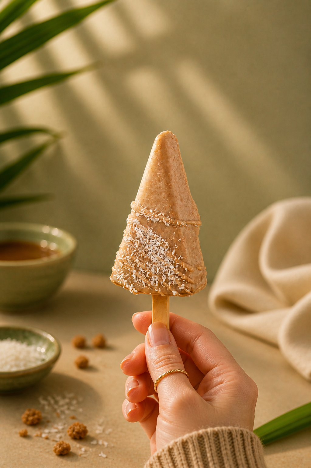 Handcrafted Cendol Cheesecake Cakesicle inspired by Malaysian cendol with pandan and gula Melaka.