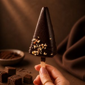 Chocolate Brownie Cheesecake Cakesicle coated in dark chocolate with roasted almond garnish by Kek & Crust.