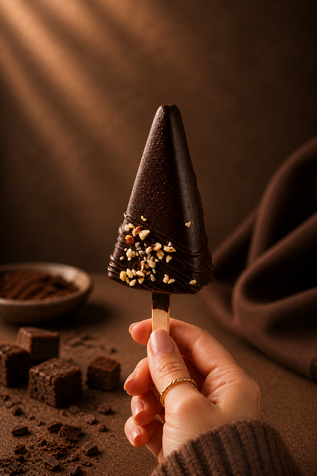 Chocolate Brownie Cheesecake Cakesicle coated in dark chocolate with roasted almond garnish by Kek & Crust.