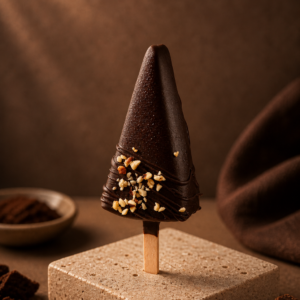 Chocolate Brownie Cheesecake Cakesicle coated in dark chocolate with roasted almond garnish by Kek & Crust.