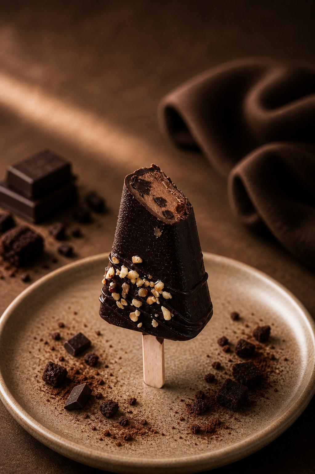 Chocolate Brownie Cheesecake Cakesicle coated in dark chocolate with roasted almond garnish by Kek & Crust.