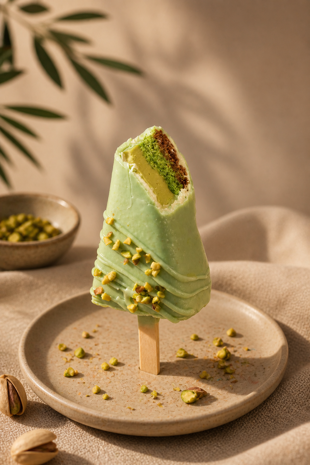 Premium Pistachio Kunafa Cheesecake Cakesicle coated in pistachio white chocolate with roasted pistachios.