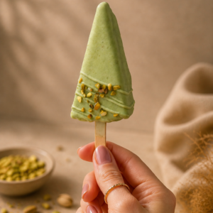 Premium Pistachio Kunafa Cheesecake Cakesicle coated in pistachio white chocolate with roasted pistachios.