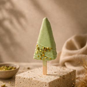 Premium Pistachio Kunafa Cheesecake Cakesicle coated in pistachio white chocolate with roasted pistachios.