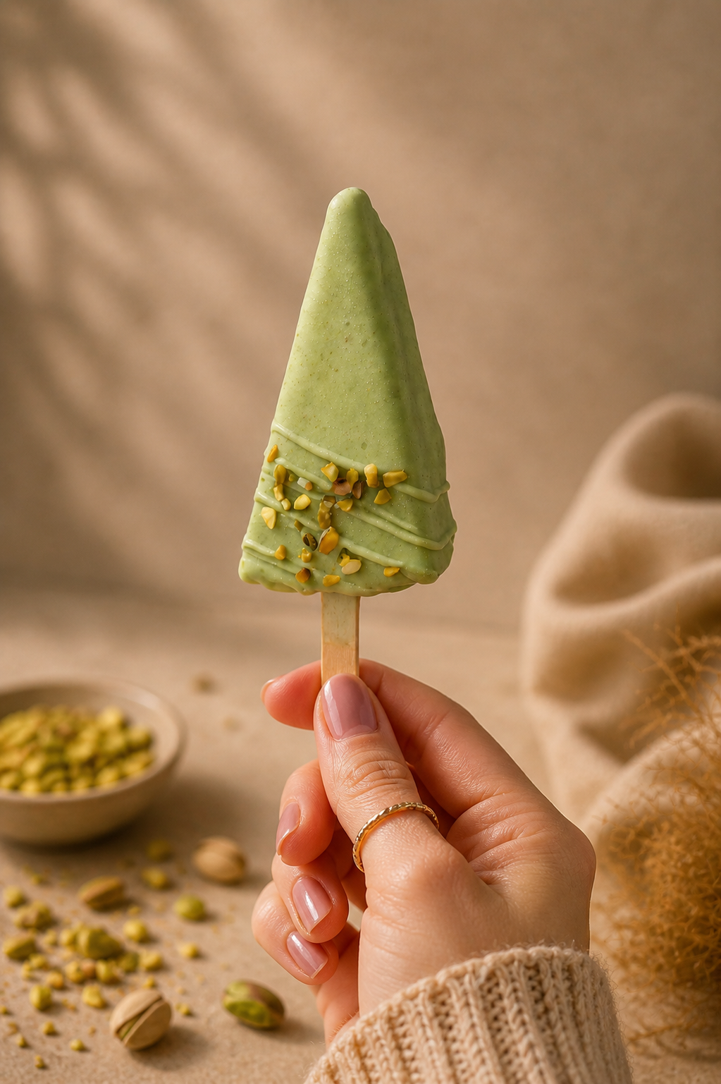 Premium Pistachio Kunafa Cheesecake Cakesicle coated in pistachio white chocolate with roasted pistachios.