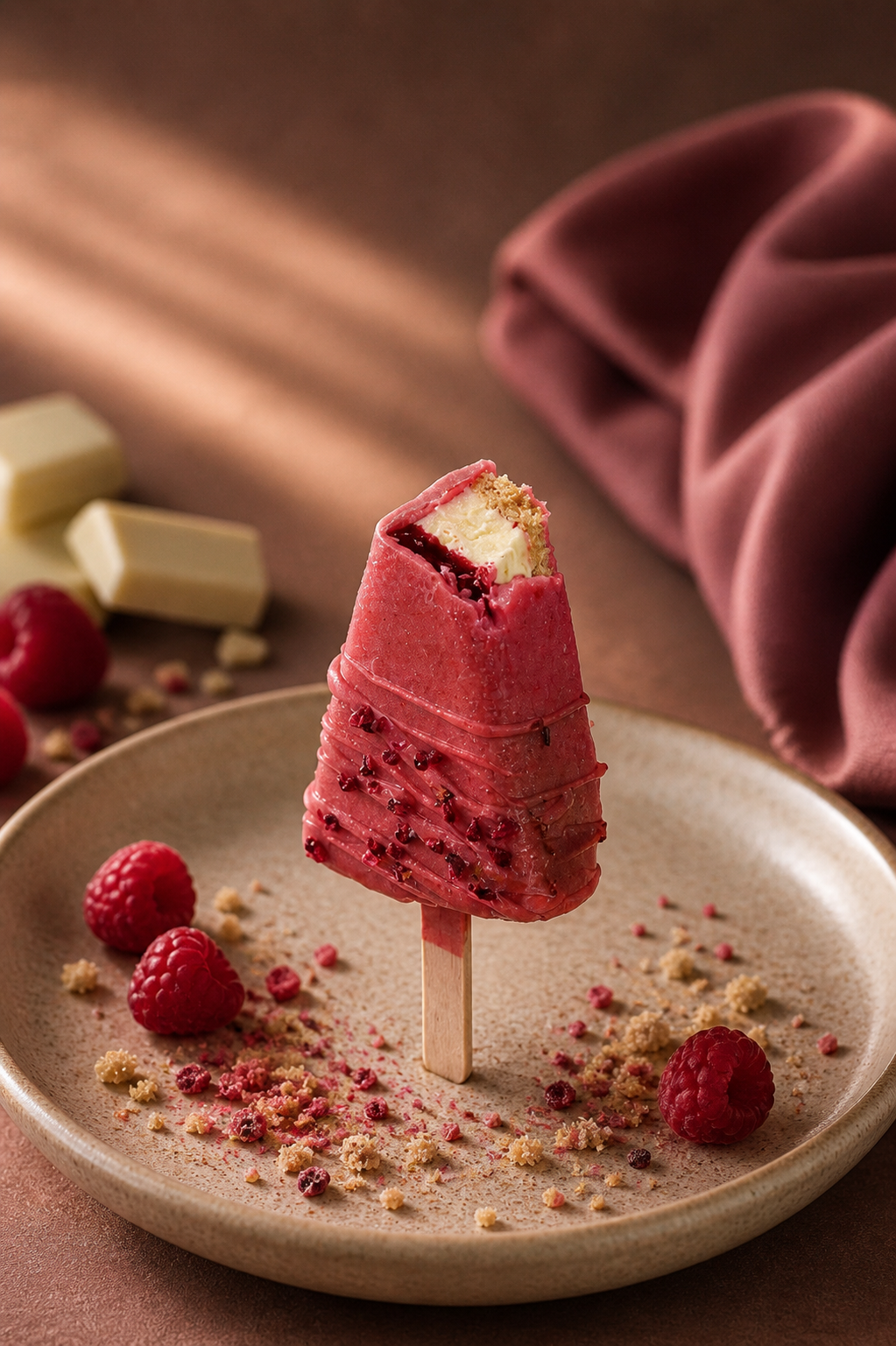 Premium Raspberry Cheesecake Cakesicle with raspberry coating and freeze-dried raspberry garnish.