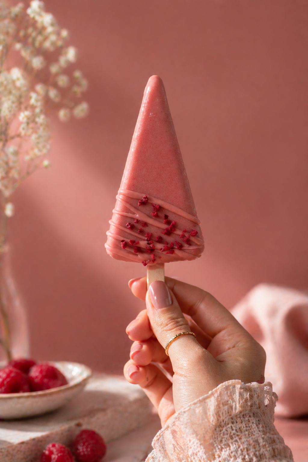Premium Raspberry Cheesecake Cakesicle with raspberry coating and freeze-dried raspberry garnish.