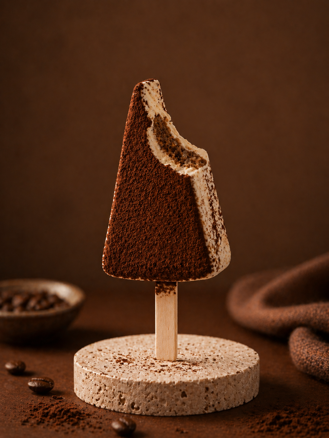 Handcrafted Tiramisu Cheesecake Cakesicle coated in white chocolate with cocoa powder by Kek & Crust Malaysia.