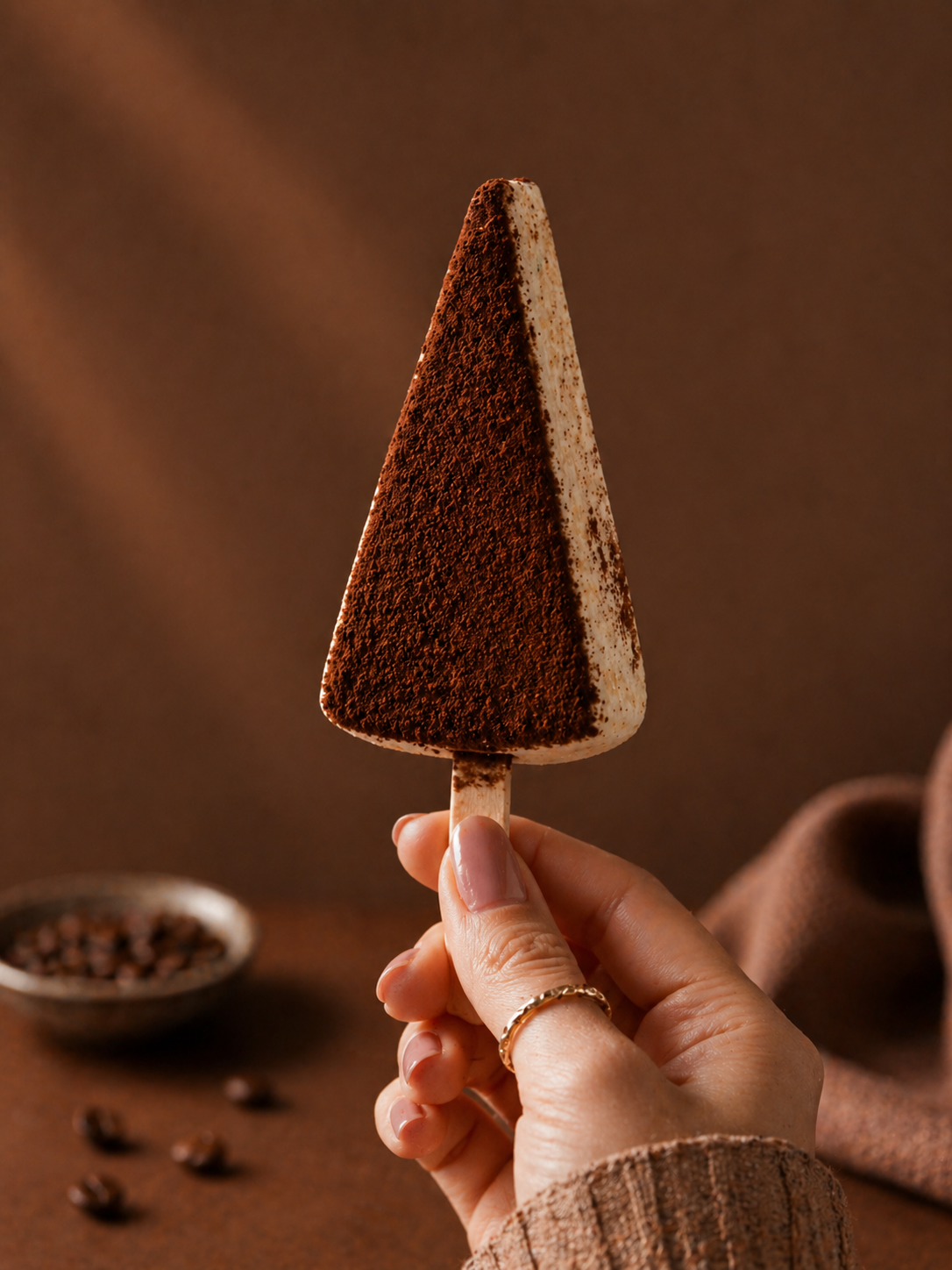 Handcrafted Tiramisu Cheesecake Cakesicle coated in white chocolate with cocoa powder by Kek & Crust Malaysia.