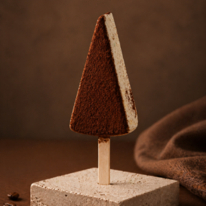 Handcrafted Tiramisu Cheesecake Cakesicle coated in white chocolate with cocoa powder by Kek & Crust Malaysia.