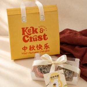 Kek & Crust 2 piece 3Q mooncake gift box with ribbon and Mid-Autumn card