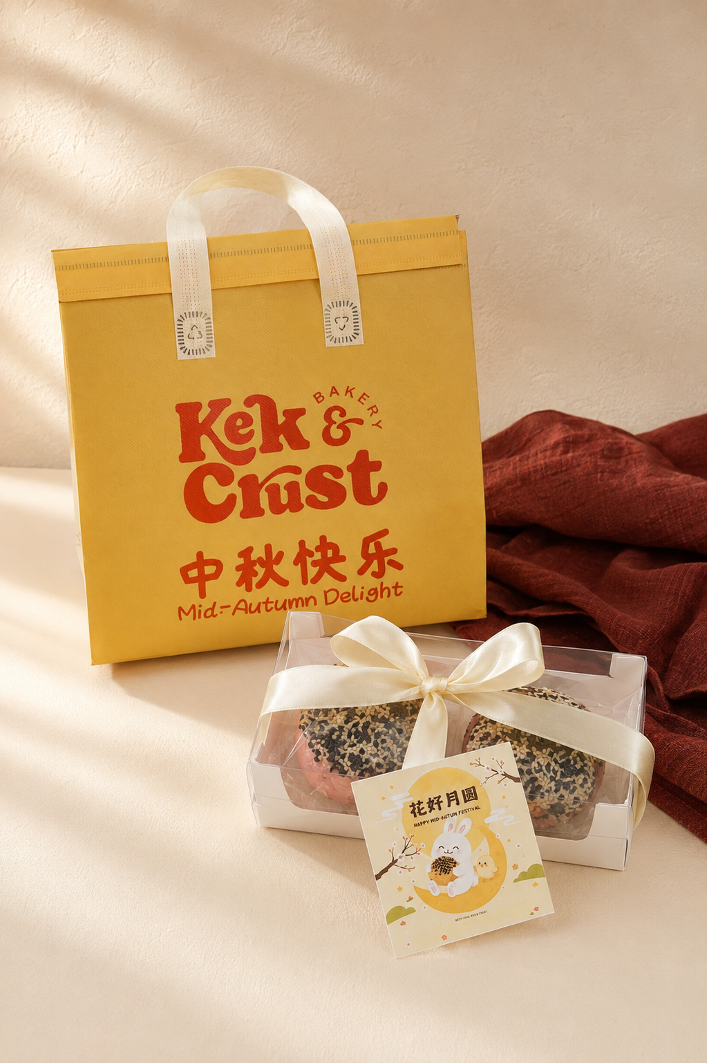 Kek & Crust 2 piece 3Q mooncake gift box with ribbon and Mid-Autumn card