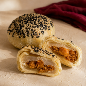 Lotus 3Q mooncake with black and white sesame topping