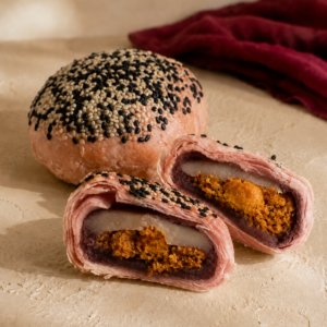 Red Bean 3Q mooncake cross-section with maroon red bean paste, mochi and salted egg chicken floss