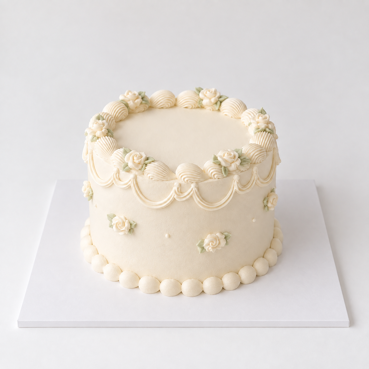 Round beige vintage rose cake with ivory roses, shell borders and piped garlands